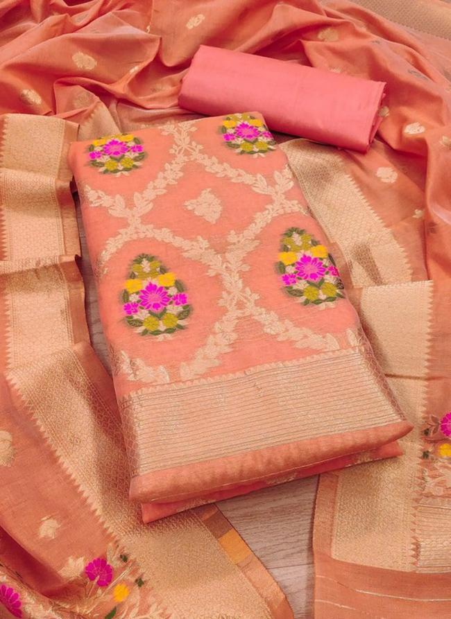 Pure Chanderi Banarasi Silk Pink Festival Wear Embroidery Work Dress Material